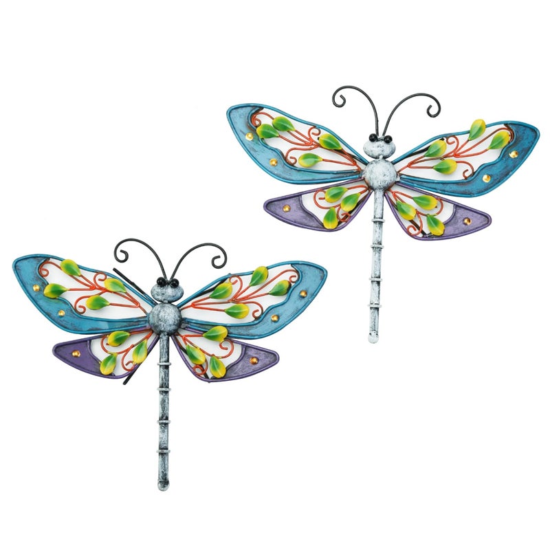 Sungmor Metal Dragonfly Wall Decor, 2PC Colorful Painted Garden Metal Art Decorations, Outdoor Hanging Metal Wall Art, Lovely Dragonfly Sculpture Wall Decoration for Home Yard Patio Garden Fence - Image 1